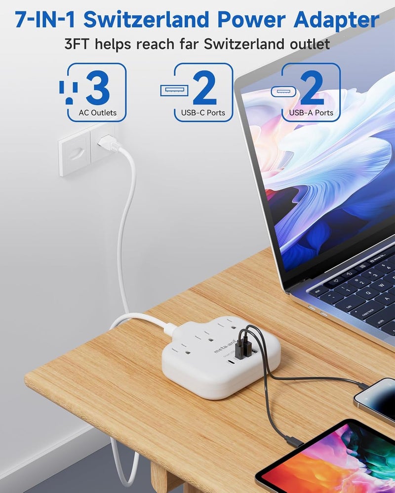 meta-ant Switzerland Travel Plug Adapter with 5FT Extension Cord, Type J Adapter with 3 Outlets 4 USB Ports(2 USB-C), Switzerland Power Adapter for US to Swiss Switzerland Liechtenstein Rwanda - Image 5